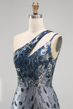 Sparkly Navy One Shoulder Bodycon Sequins Floral Homecoming Dress