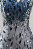 Sparkly Navy One Shoulder Bodycon Sequins Floral Homecoming Dress