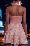 A-Line Pink Halter Neck Corset Floral Sequins Homecoming Dress with Appliques