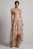 Champagne A-Line Tulle Corset Embroidered Floral High-Low Mother Of the Bride Dress