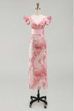 Sparkly Blush Sheath V-Neck Beaded Long Mother of the Bride Dress with Ruffles