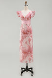 Sparkly Blush Sheath V-Neck Beaded Long Mother of the Bride Dress with Ruffles