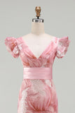Sparkly Blush Sheath V-Neck Beaded Long Mother of the Bride Dress with Ruffles