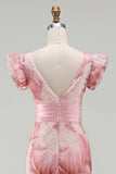 Sparkly Blush Sheath V-Neck Beaded Long Mother of the Bride Dress with Ruffles