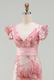 Sparkly Blush Sheath V-Neck Beaded Long Mother of the Bride Dress with Ruffles