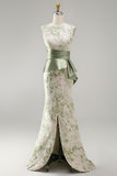 Light Green Floral Mermaid Ruched Long Mother of the Bride Dress with Sash