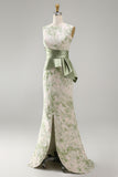 Light Green Floral Mermaid Ruched Long Mother of the Bride Dress with Sash