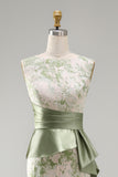 Light Green Floral Mermaid Ruched Long Mother of the Bride Dress with Sash