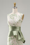 Light Green Floral Mermaid Ruched Long Mother of the Bride Dress with Sash