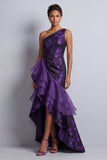 Dark Purple Floral High Low Mermaid Ruched Mother of the Bride Dress with Ruffles
