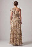 A Line Champagne Long Floral Ruffled Mother of the Bride Dress with Slit