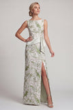 Sheath Light Green Floral Long Mother of the Bride Dress with Sash