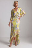 V Neck Yellow Ruffled High Low Mother Of the Bride Dress