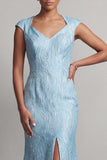 Blue Mermaid Cap Sleeve Mother Of the Bride Dress with Slit