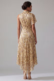 High Neck Printed A Line Champagne Mother Of the Bride Dress