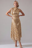 High Neck Printed A Line Champagne Mother Of the Bride Dress