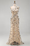 Apricot One Shoulder Mermaid Sequins High Low Maxi Dress with 3D Appliques