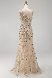 Apricot One Shoulder Mermaid Sequins High Low Maxi Dress with 3D Appliques