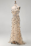 Apricot One Shoulder Mermaid Sequins High Low Maxi Dress with 3D Appliques