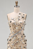 Apricot One Shoulder Mermaid Sequins High Low Maxi Dress with 3D Appliques