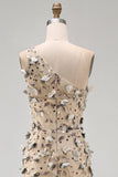 Apricot One Shoulder Mermaid Sequins High Low Maxi Dress with 3D Appliques