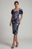Navy Off the Shoulder Floral Bodycon Midi Mother Of the Bride Dress with Beading