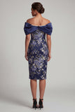 Navy Off the Shoulder Floral Bodycon Midi Mother Of the Bride Dress with Beading