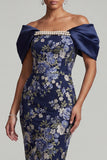 Navy Off the Shoulder Floral Bodycon Midi Mother Of the Bride Dress with Beading