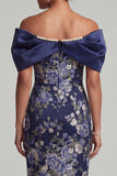 Navy Off the Shoulder Floral Bodycon Midi Mother Of the Bride Dress with Beading