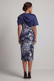 Navy Floral Bodycon Midi Mother Of the Bride Dress with Cape