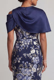 Navy Floral Bodycon Midi Mother Of the Bride Dress with Cape