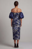 Off the Shoulder Navy Floral Bodycon Midi Mother Of the Bride Dress with Puff Sleeves