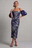 Off the Shoulder Navy Floral Bodycon Midi Mother Of the Bride Dress with Puff Sleeves