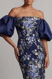 Off the Shoulder Navy Floral Bodycon Midi Mother Of the Bride Dress with Puff Sleeves