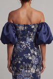 Off the Shoulder Navy Floral Bodycon Midi Mother Of the Bride Dress with Puff Sleeves