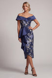 Off the Shoulder Navy Floral Bodycon Midi Mother Of the Bride Dress with Ruffles