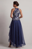 A-Line Navy Floral Halter Neck High Low Mother Of the Bride Dress