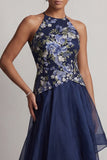 A-Line Navy Floral Halter Neck High Low Mother Of the Bride Dress