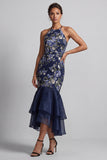 Navy Floral Halter Neck Mermaid Long Mother Of the Bride Dress with Ruffles