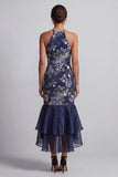 Navy Floral Halter Neck Mermaid Long Mother Of the Bride Dress with Ruffles