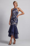 Navy Floral Halter Neck Mermaid Long Mother Of the Bride Dress with Ruffles