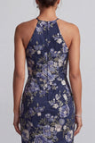 Navy Floral Halter Neck Mermaid Long Mother Of the Bride Dress with Ruffles