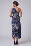 One Shoulder Navy Floral Bodycon Midi Mother Of the Bride Dress with Sash