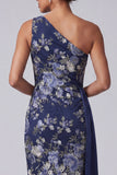 One Shoulder Navy Floral Bodycon Midi Mother Of the Bride Dress with Sash