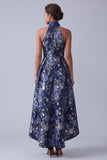 A-Line Navy Floral Halter Neck Jacquard High Low Mother Of the Bride Dress