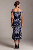 Off the Shoulder Mermaid Navy Floral Jacquard Midi Mother Of the Bride Dress with Slit