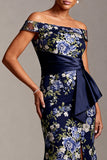 Off the Shoulder Mermaid Navy Floral Jacquard Midi Mother Of the Bride Dress with Slit
