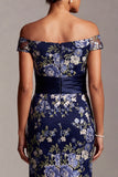 Off the Shoulder Mermaid Navy Floral Jacquard Midi Mother Of the Bride Dress with Slit
