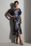 Mermaid Navy Floral Jacquard Bateau Neck Midi Mother Of the Bride Dress with Slit