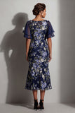 Mermaid Navy Floral Jacquard Bateau Neck Midi Mother Of the Bride Dress with Slit